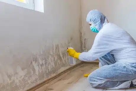 A person in protective clothing and gloves applying treatment to a mold-infested wall, indicating mold remediation work