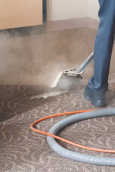 A person cleaning a carpet using a commercial steam cleaner, with visible steam and an orange hose trailing off the picture.